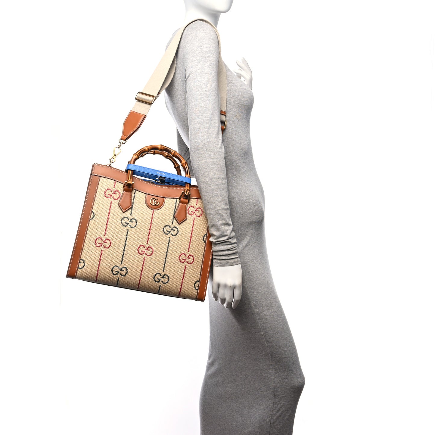 Raffia Monogram GG Jacquard Medium Diana Tote Bag Natural Red Green Modern Blue