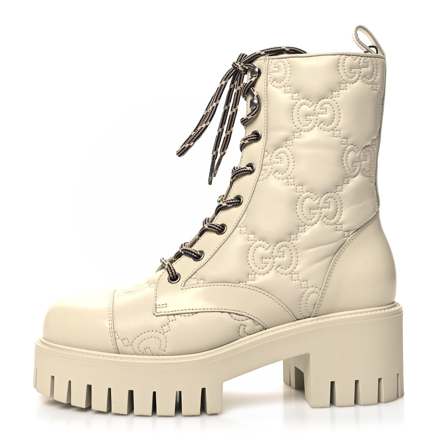 Cordovan Lux Nappa GG Matelasse Lace Up 60mm Combat Boots 38.5 Milk White