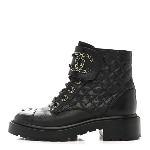 Shiny Goatskin Calfskin Quilted Lace Up Combat Boots 37 Black