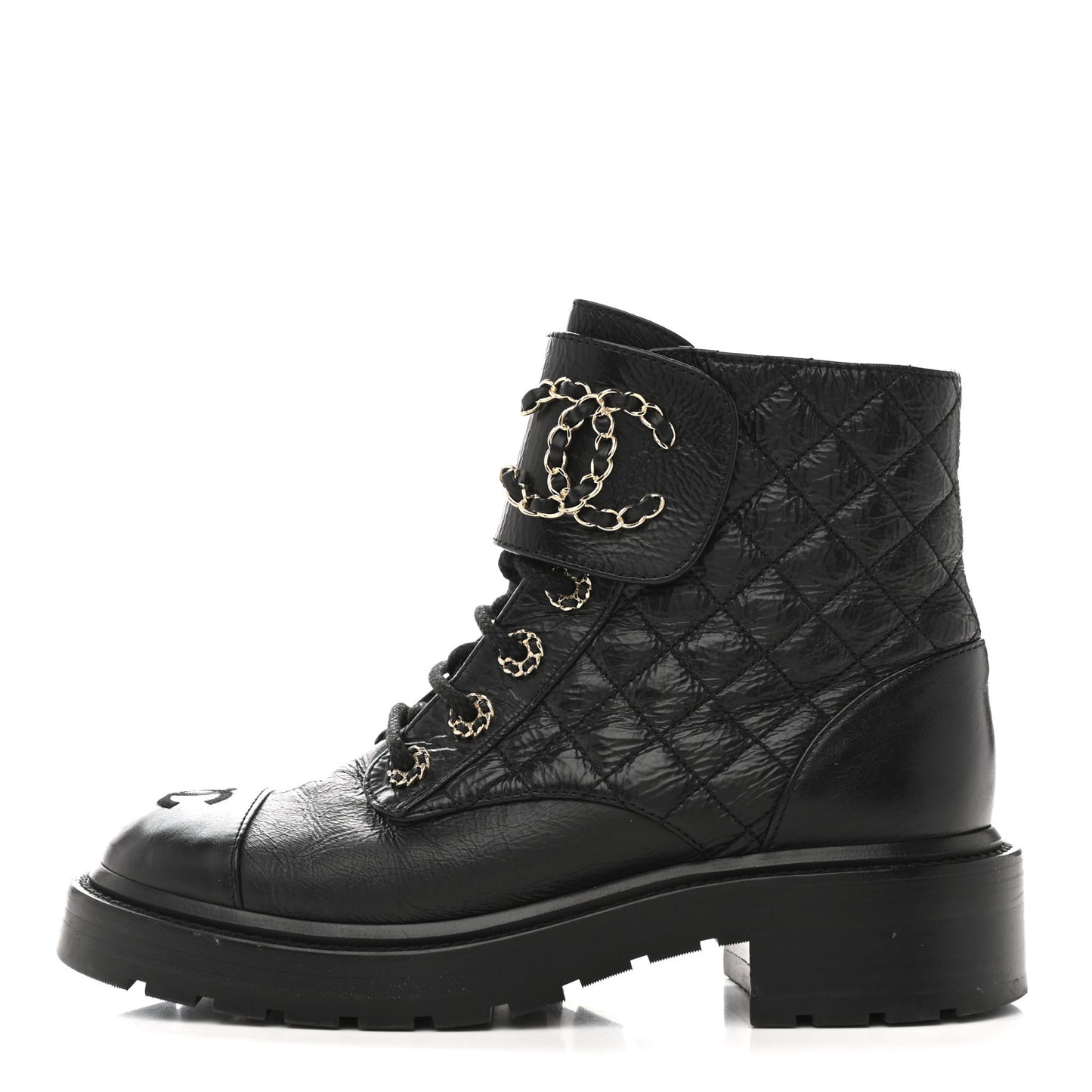 Shiny Goatskin Calfskin Quilted Lace Up Combat Boots 37 Black