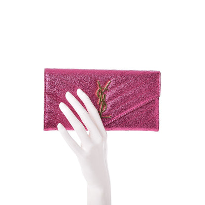 Saint Laurent Metallic Crackled Calfskin Matelasse Chevron Monogram Flap Wallet Fuchsia 2 of 9