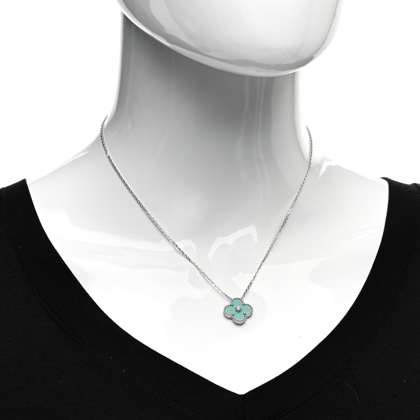 18K White Gold Diamond Celadon Green Sevres Porcelain Vintage Alhambra Pendant Necklace