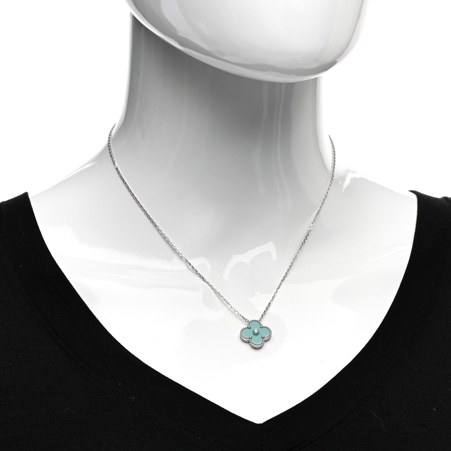 Van Cleef & Arpels 18K White Gold Diamond Celadon Green Sevres Porcelain Vintage Alhambra Pendant Necklace 2 of 5