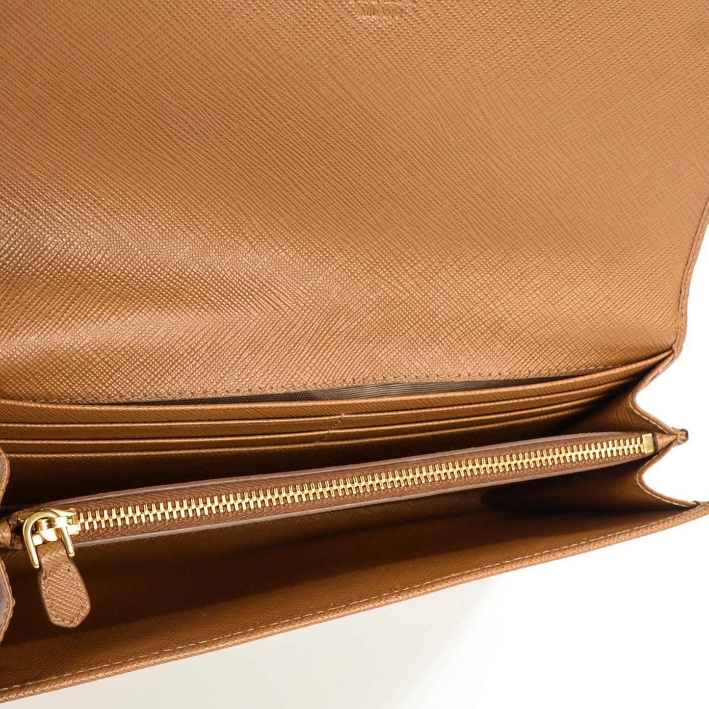 Saffiano Metal Bar Flap Wallet Caramel