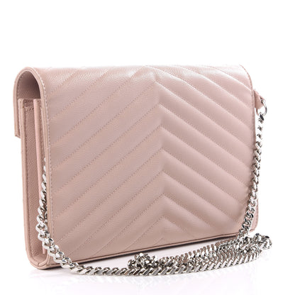 Saint Laurent Grain De Poudre Matelasse Chevron Monogram Chain Wallet Pale Pink 2 of 8
