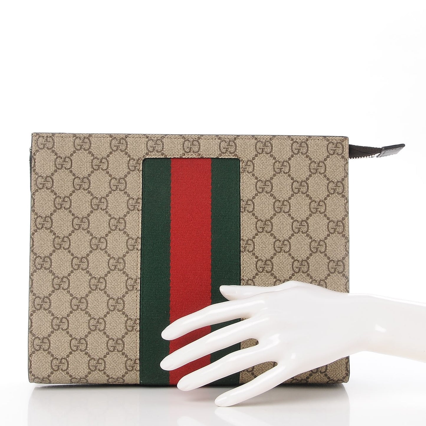 GG Supreme Monogram Selleria Calfskin Web New Web Cosmetic Case Beige Ebony Cocoa