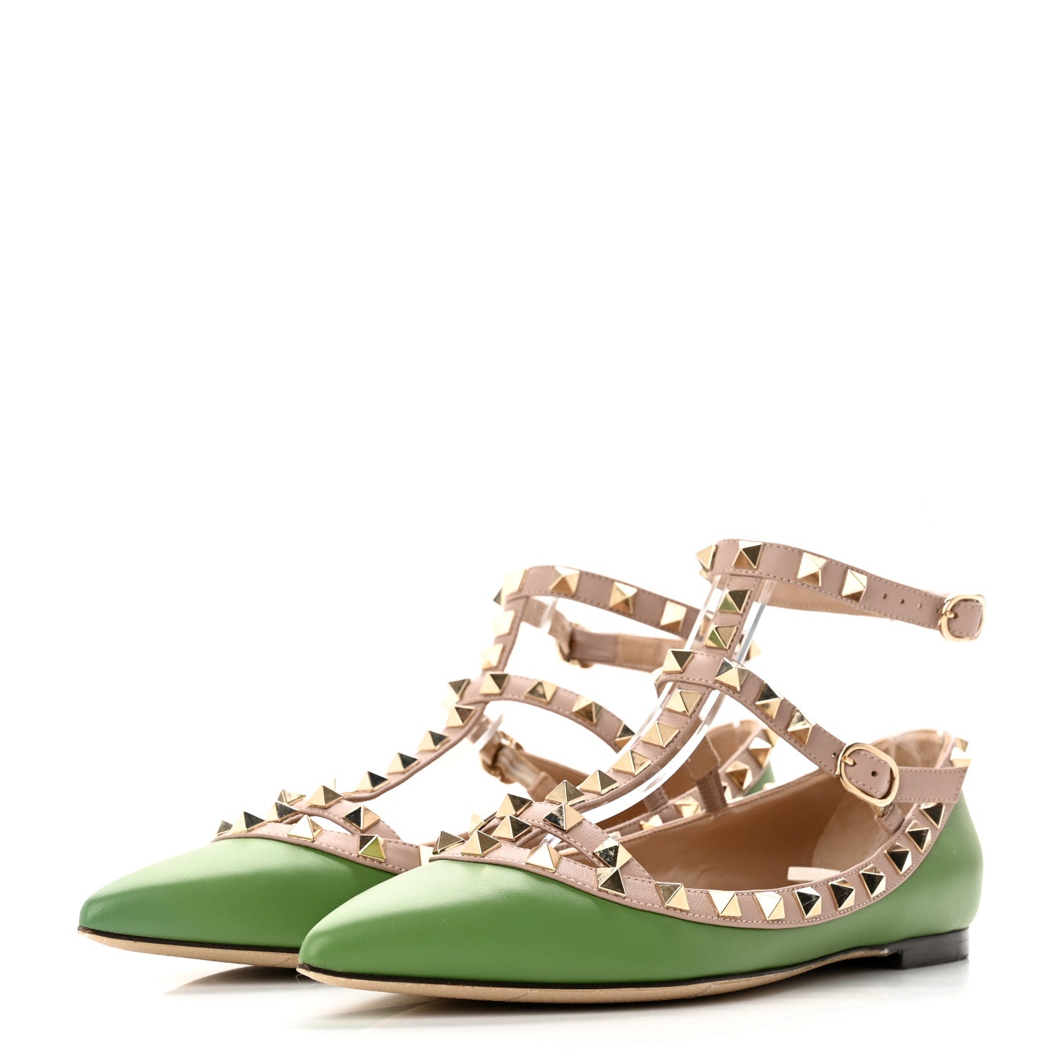 Valentino Garavani Calfskin Rockstud Cage Ballerina Flats 36.5 Deep Clover Poudre 3 of 12