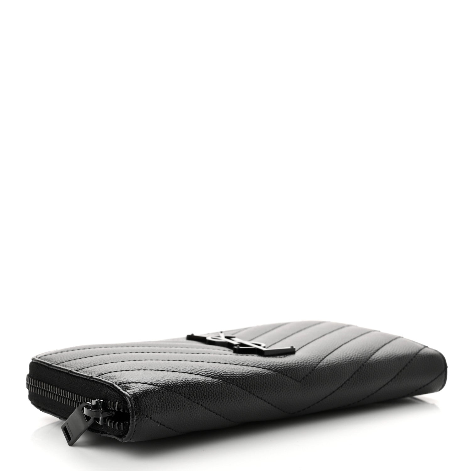 Saint Laurent Grain De Poudre Matelasse Chevron Monogram Monochrome Zip Around Wallet Black 4 of 6