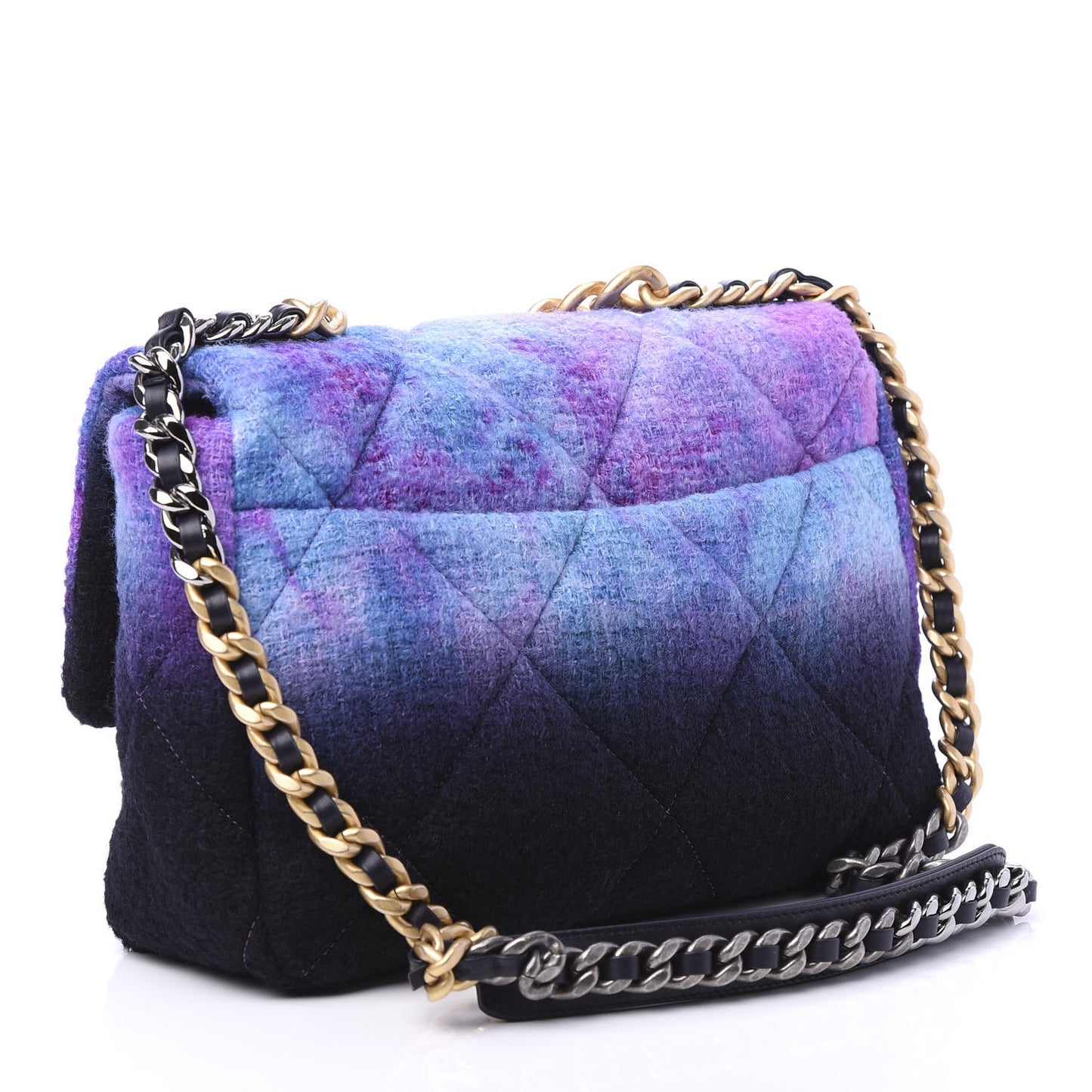 Wool Tweed Quilted Large 19 Flap Purple Black Blue