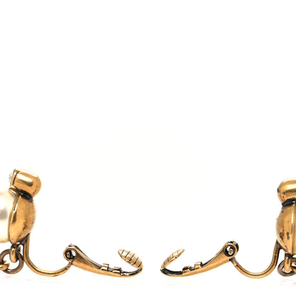 Gucci Metal Crystal Resin Pearl Feline Clip On Earrings Aged Gold 3 of 4