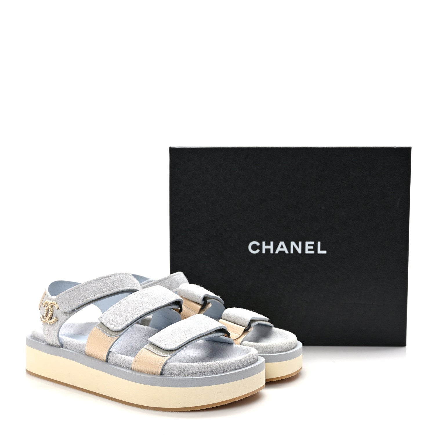 Chanel Suede Calfskin Velcro Flat Sandals 39 Light Blue Beige 9 of 9