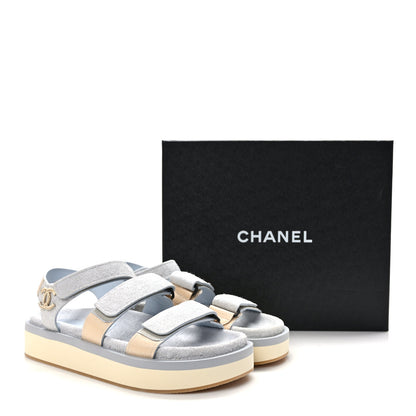 Chanel Suede Calfskin Velcro Flat Sandals 39 Light Blue Beige 9 of 9