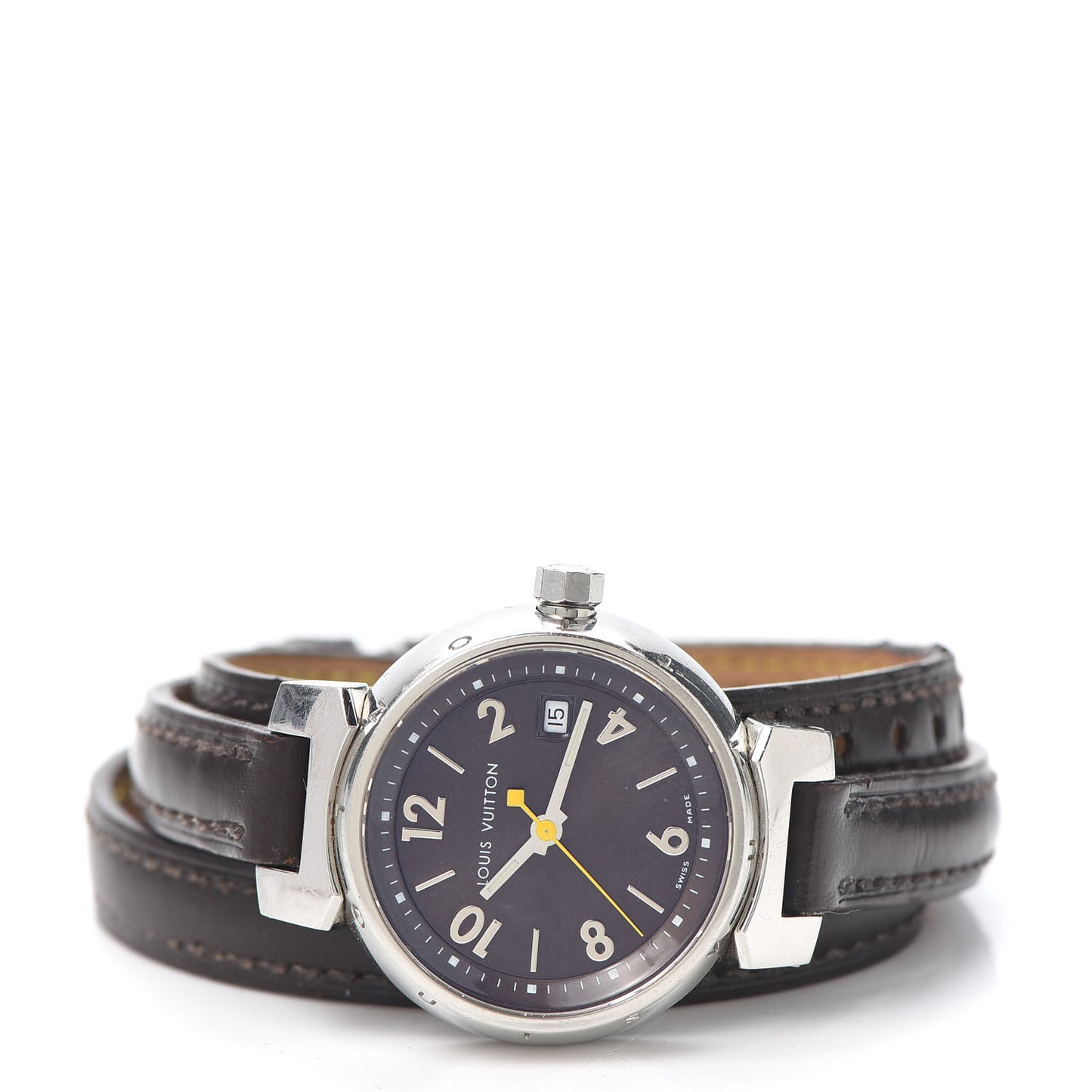 Stainless Steel Calfskin 28mm Tambour Triple Wrap Quartz Watch Brown