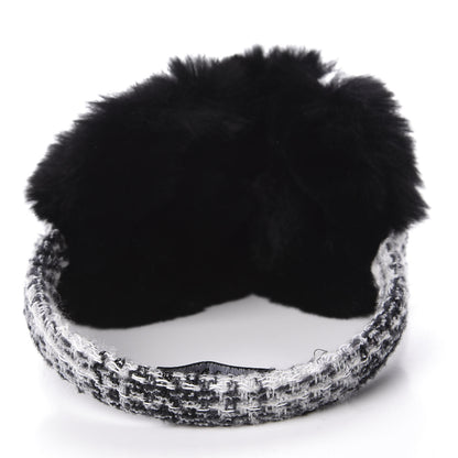 Chanel Rabbit Fur Tweed CC Ear Muffs Black White 4 of 5