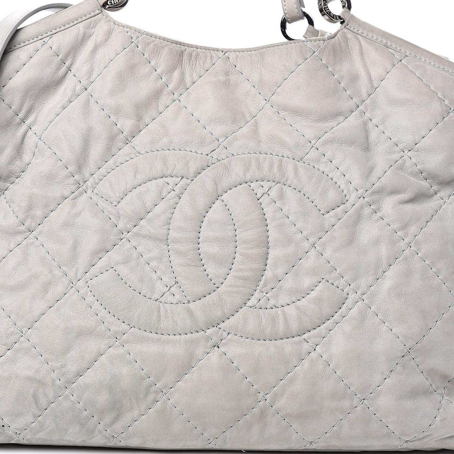 Iridescent Calfskin Diamond Stitched CC Shopping Tote Gris Clair