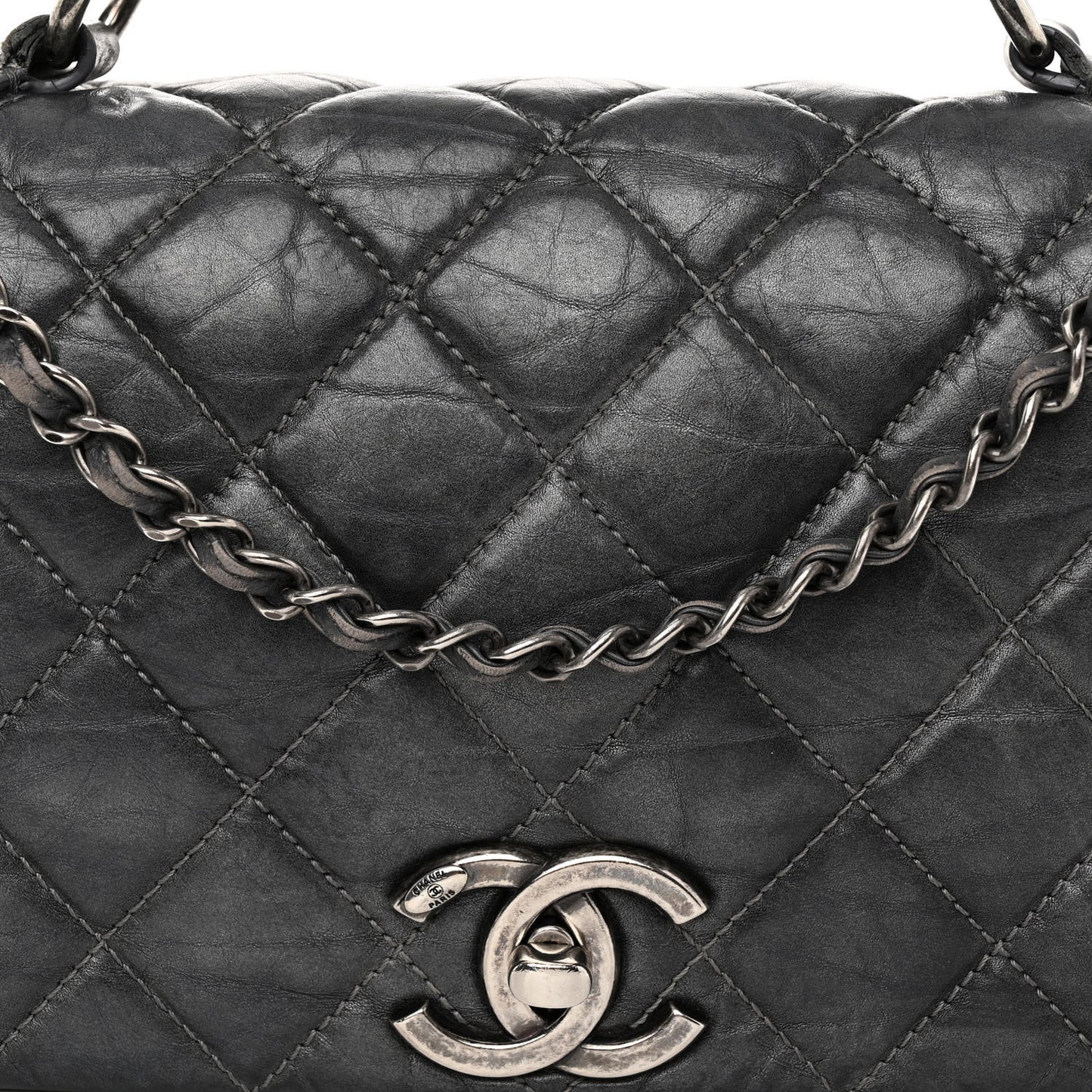 Aged Calfskin Quilted Small Pondichery Flap Dark Grey