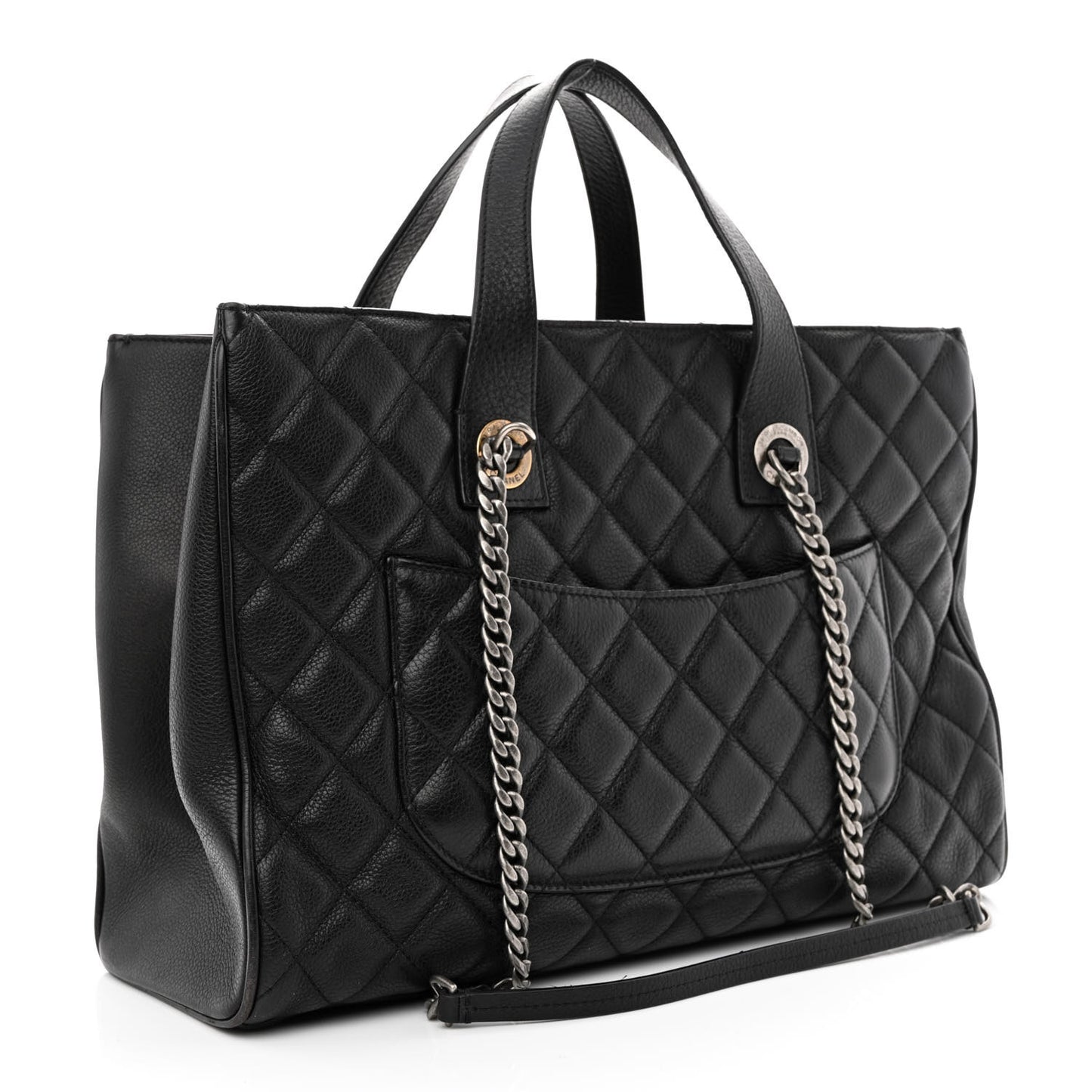 Metallic Grained Calfskin Quilted Large Casual Pocket Tote Black