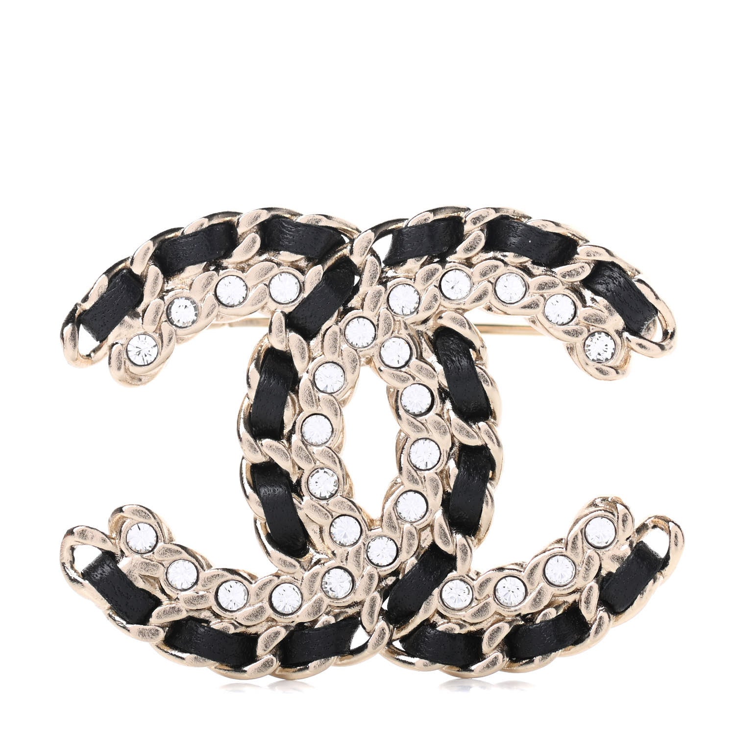Chanel Lambskin Crystal Vintage Allure CC Chain Brooch Black Gold 1 of 5