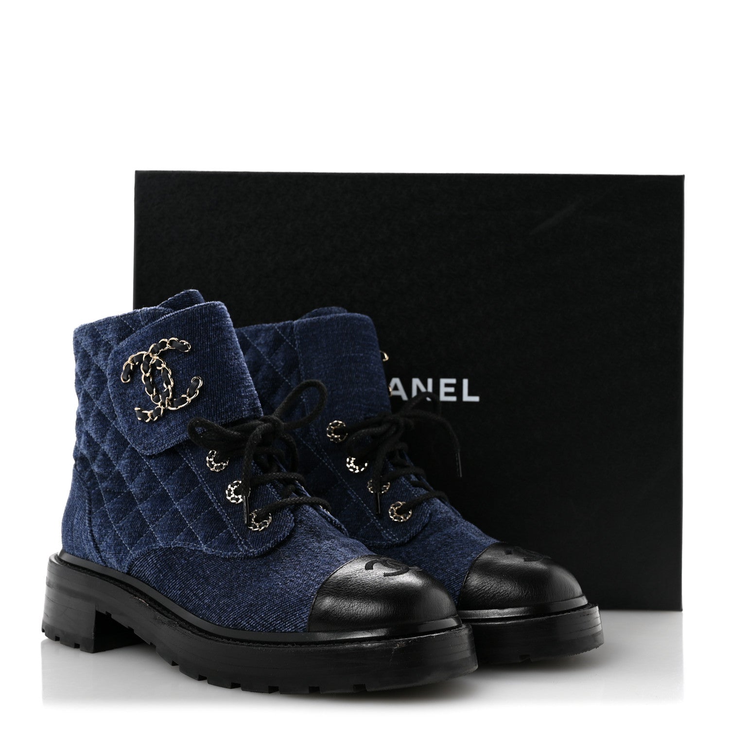 Chanel Shiny Calfskin Velvet Quilted Lace Up Combat Boots 39 Blue 10 of 10