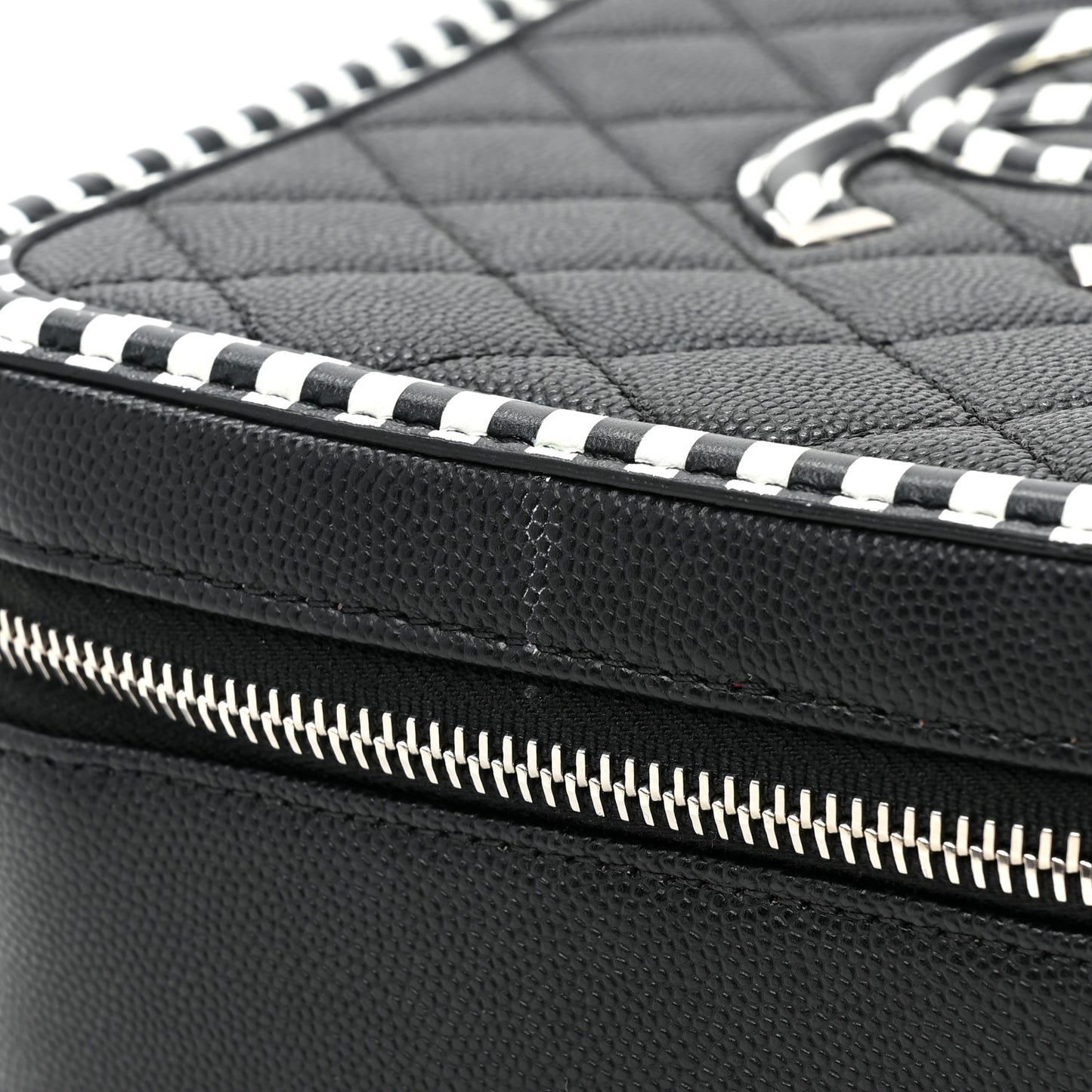 Caviar Quilted Striped Medium CC Filigree Vanity Case Black White