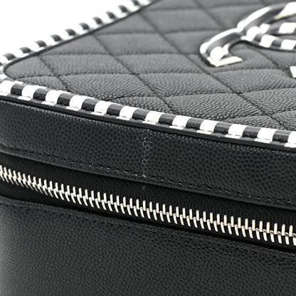 Chanel Caviar Quilted Striped Medium CC Filigree Vanity Case Black White 12 of 14