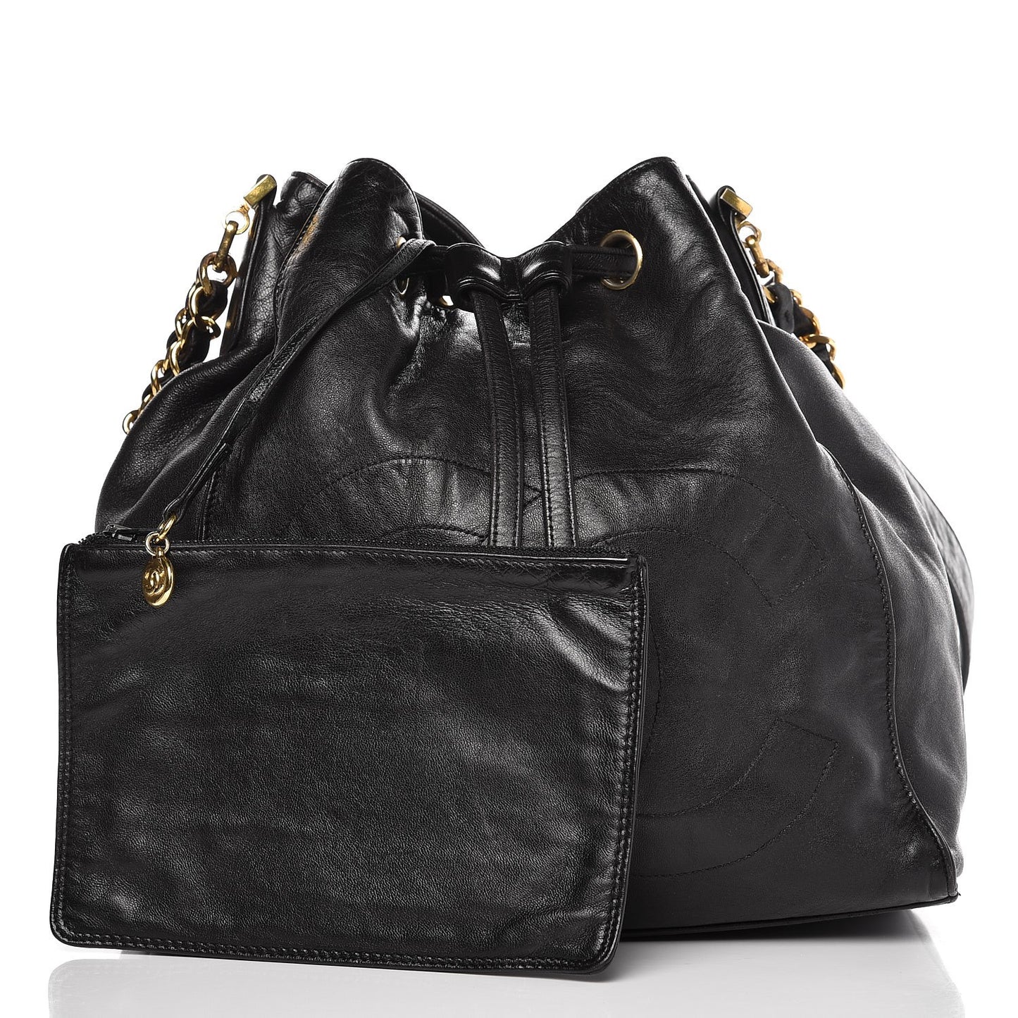 Lambskin CC Drawstring Shoulder Bag Black