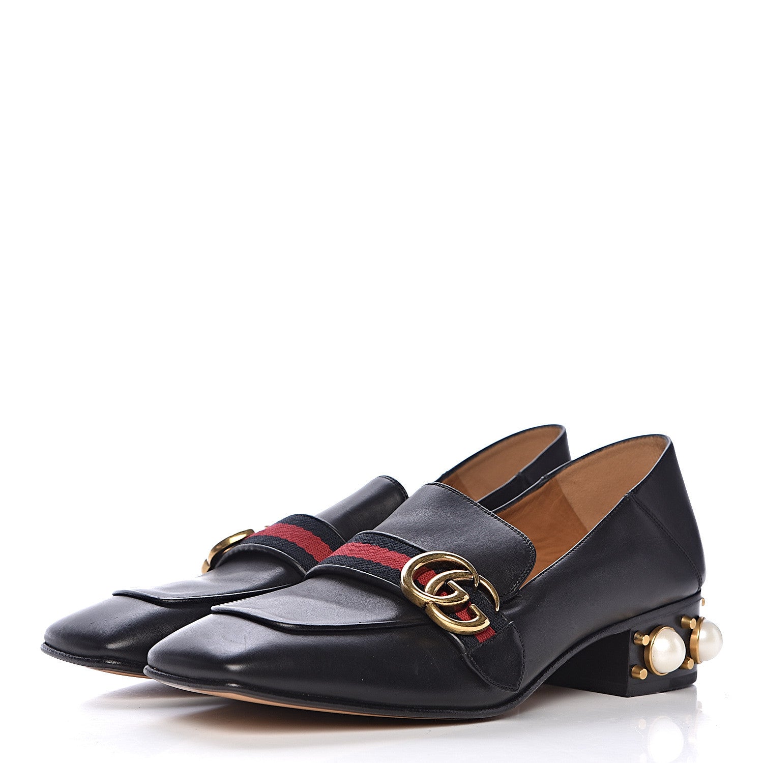 Gucci Betis Glamour Calfskin Web Pearl Embellished Peyton 35mm Loafer Pumps 39 Black 3 of 11