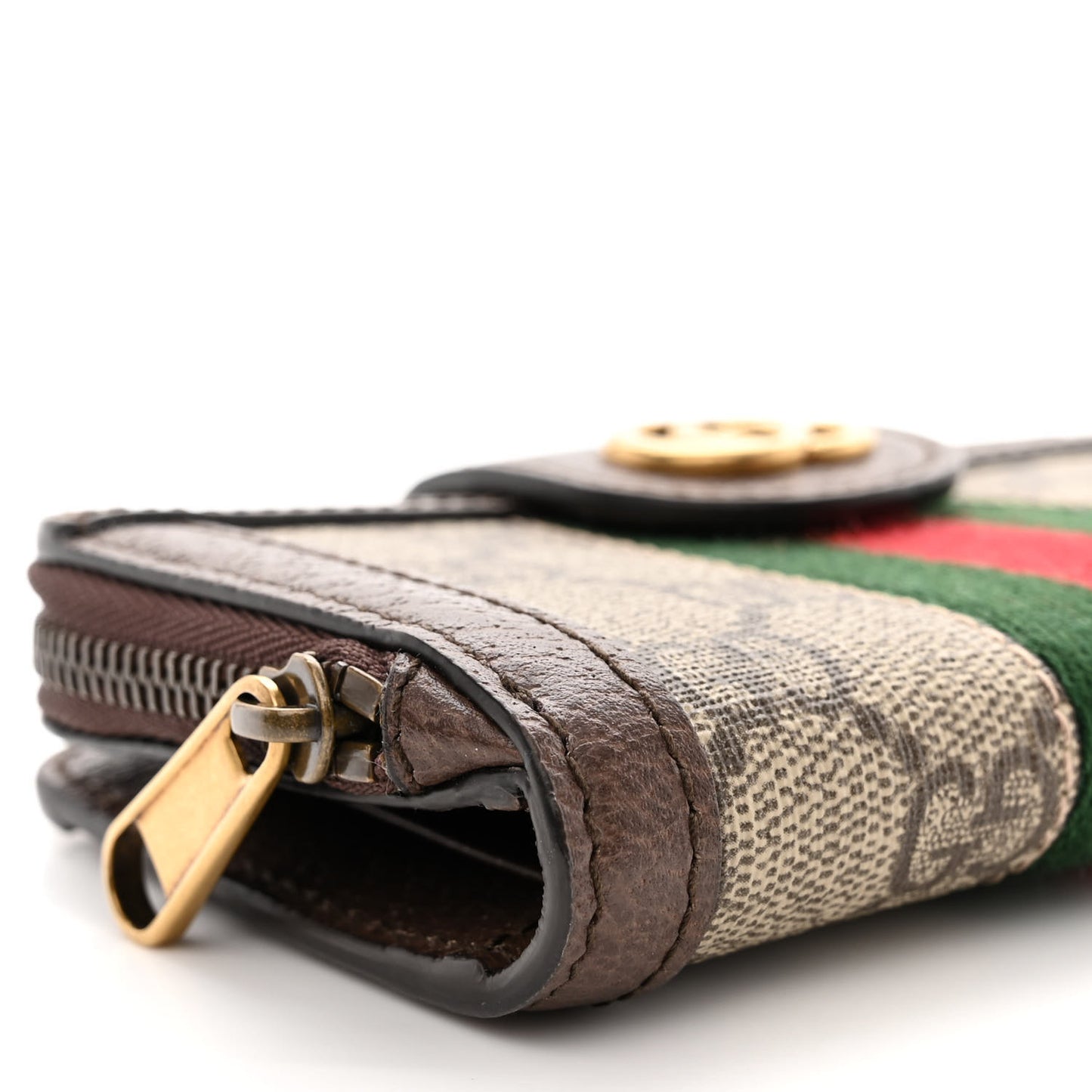 GG Supreme Monogram Textured Dollar Calfskin Web Ophidia Overlay Zip Around Card Case Wallet Beige Ebony New Acero