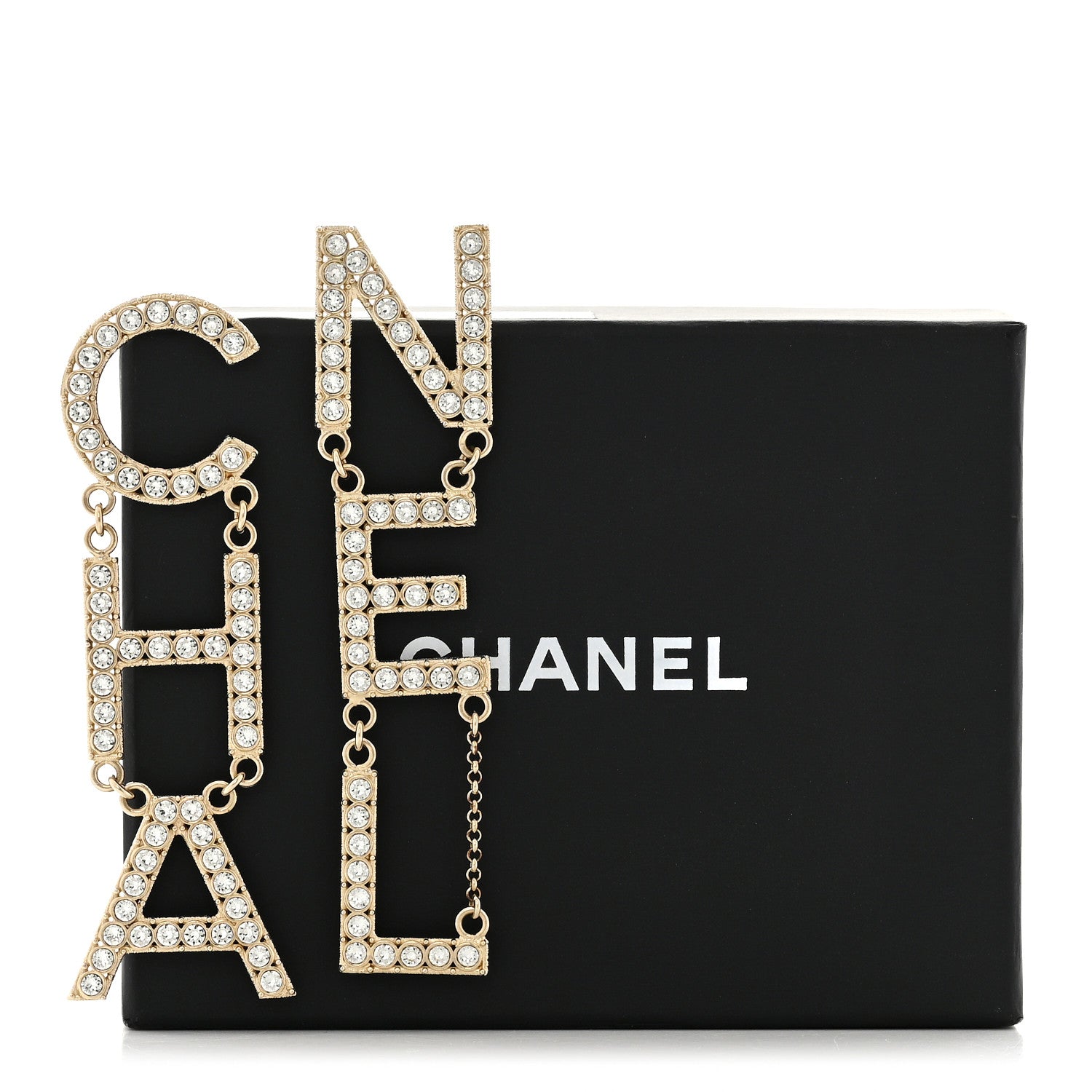 Chanel Crystal Cha-Nel Logo Drop Earrings Gold 5 of 5