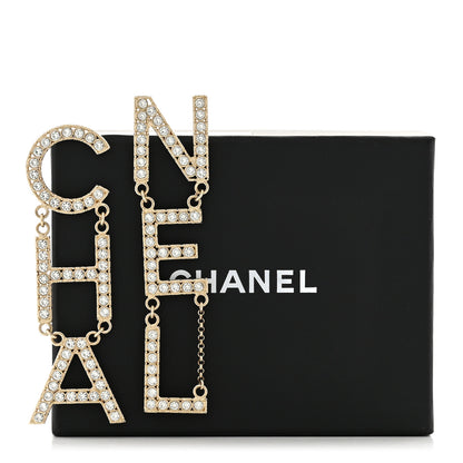 Chanel Crystal Cha-Nel Logo Drop Earrings Gold 5 of 5