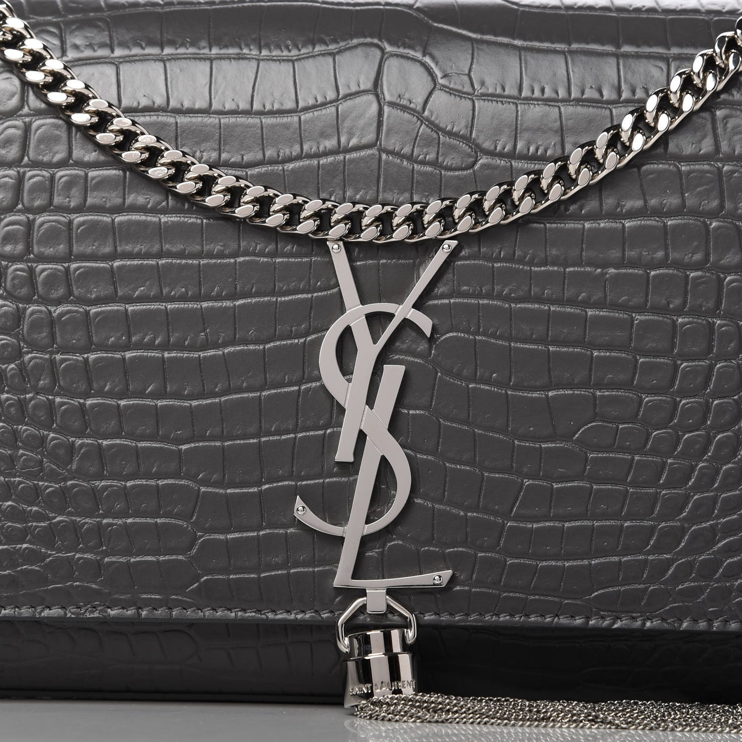 Calfskin Crocodile Embossed Medium Classic Monogram Kate Tassel Satchel Fog