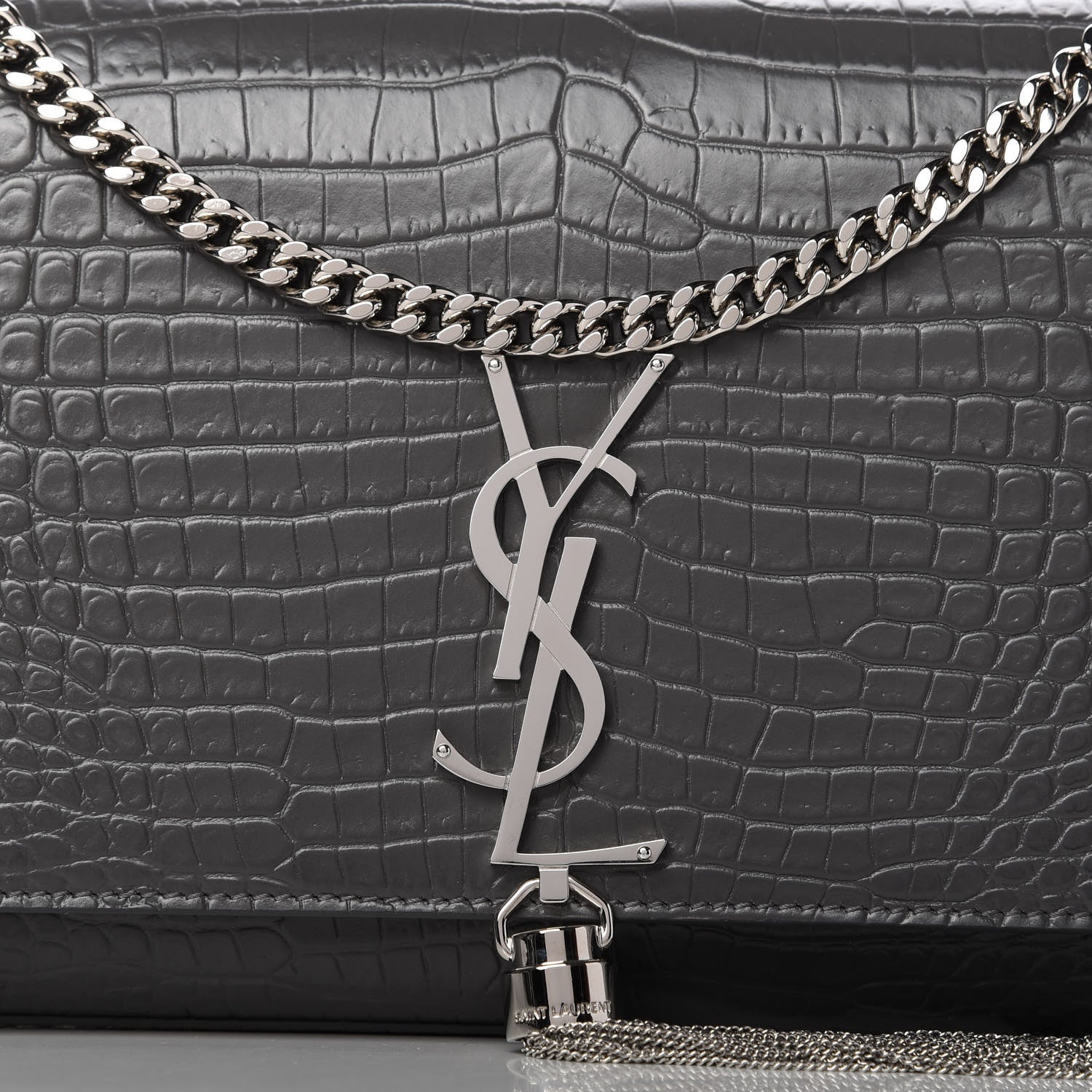 Saint Laurent Calfskin Crocodile Embossed Medium Classic Monogram Kate Tassel Satchel Fog 9 of 9