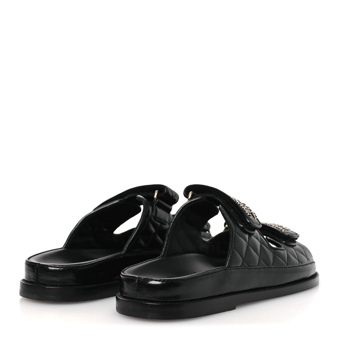 Lambskin Quilted Velcro Dad Chain CC Slide Sandals 38.5 Black