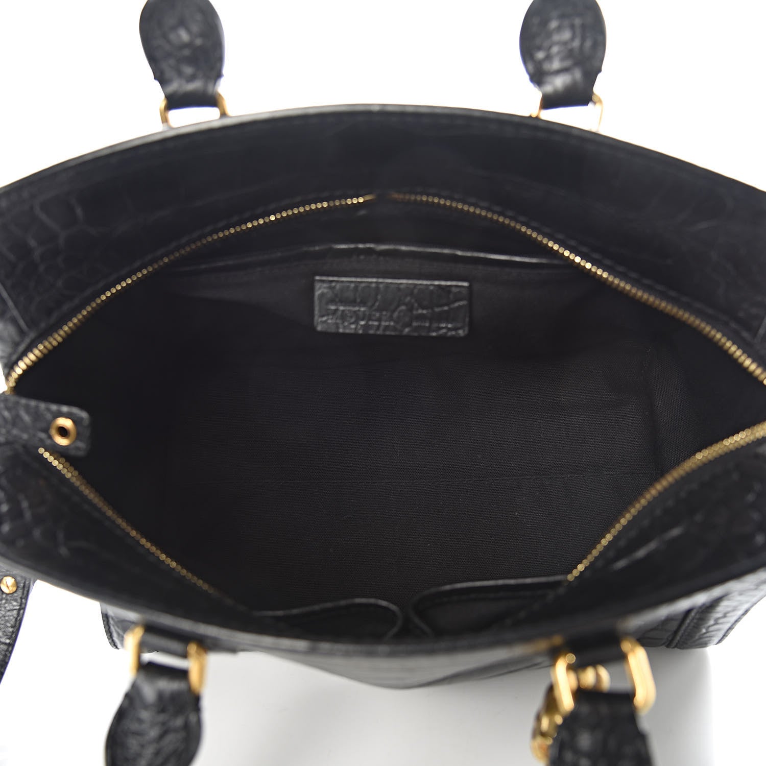 Alexander McQueen Calfskin Crocodile Embossed Small Skull Padlock Zip Around Tote Black 5 of 11