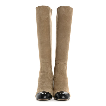 Chanel Suede Lambskin Shiny Calfskin Sherpa CC High Boots 38.5 Light Beige Black 2 of 11