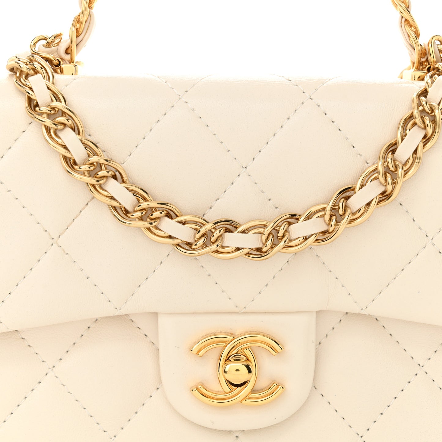 Shiny Lambskin Quilted Golden Links Top Handle Flap White