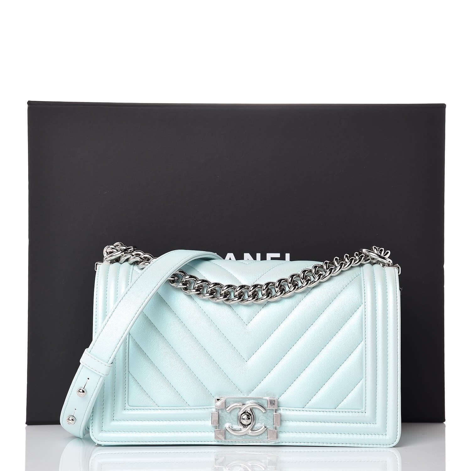 Chanel Iridescent Lambskin Chevron Quilted Medium Boy Flap Blue 13 of 13