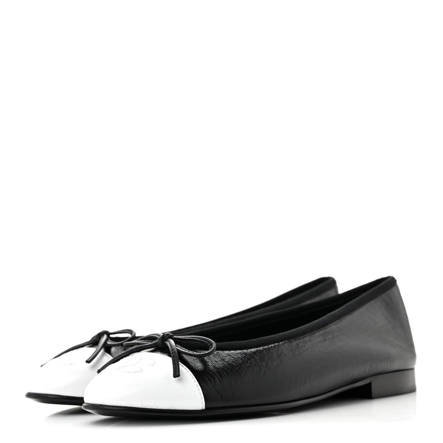 Chanel Crumpled Shiny Lambskin Cap Toe CC Ballerina Flats 36.5 Black White 3 of 10