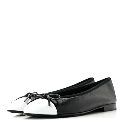 Chanel Crumpled Shiny Lambskin Cap Toe CC Ballerina Flats 36.5 Black White 3 of 10