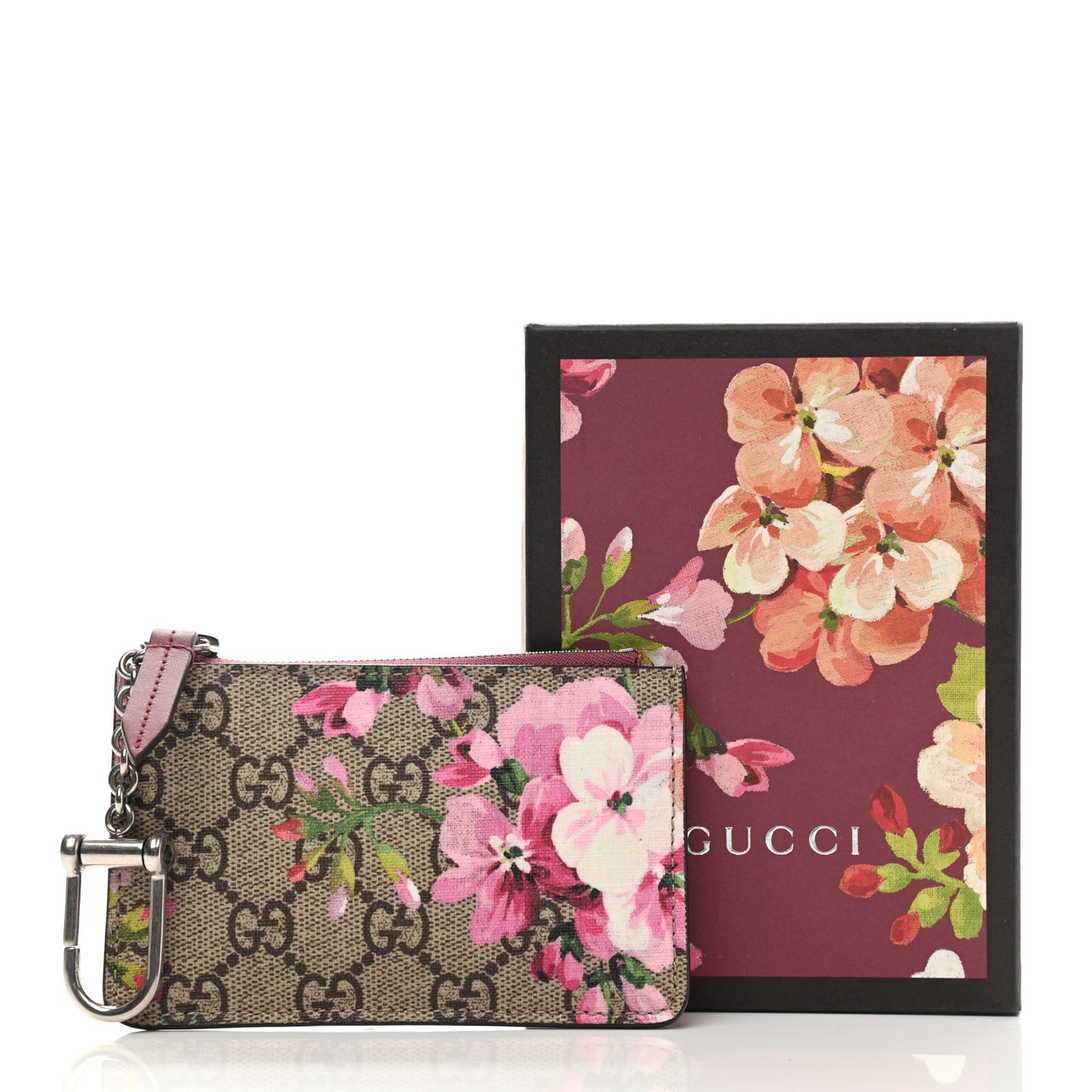 GG Supreme Monogram Blooms Key Ring Coin Case Beige Multicolor Dry Rose