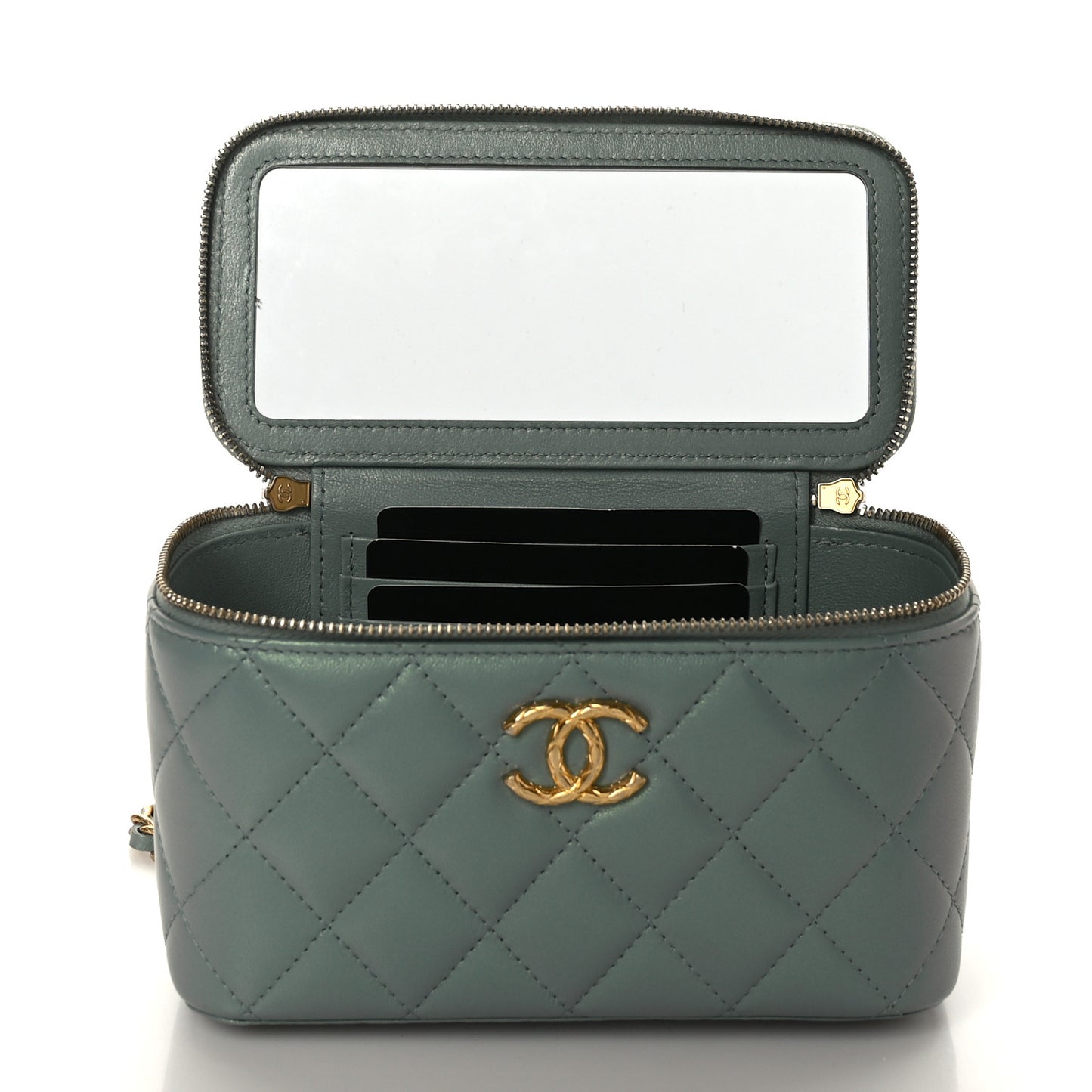 Metallic Lambskin Quilted Small CC Dynasty Vanity Case With Chain Grey