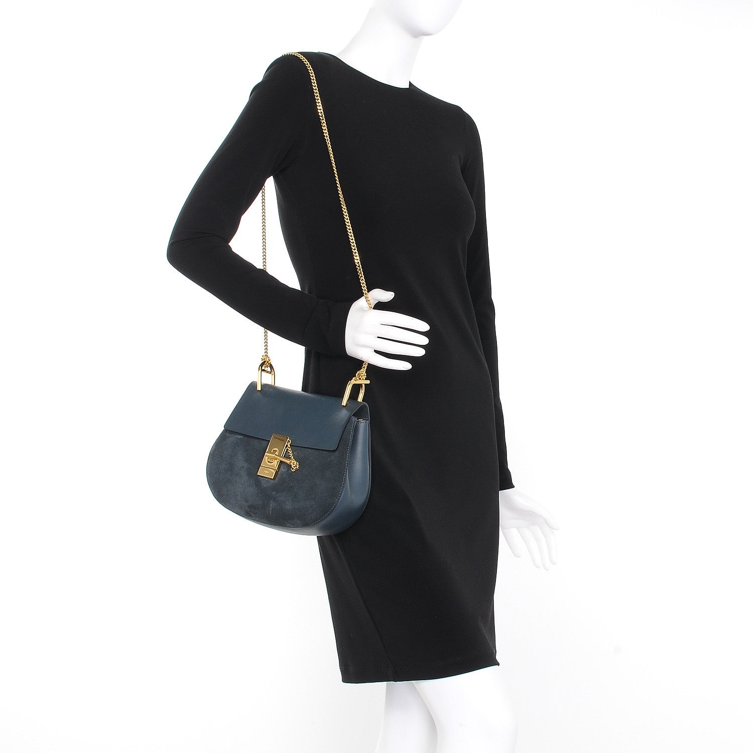 Chloe Suede Smooth Calfskin Drew Shoulder Bag Silver Blue 2 of 7