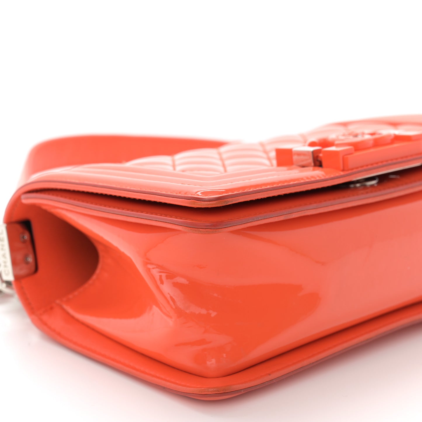 Patent Calfskin Quilted Small Plexiglass Boy Flap Orange