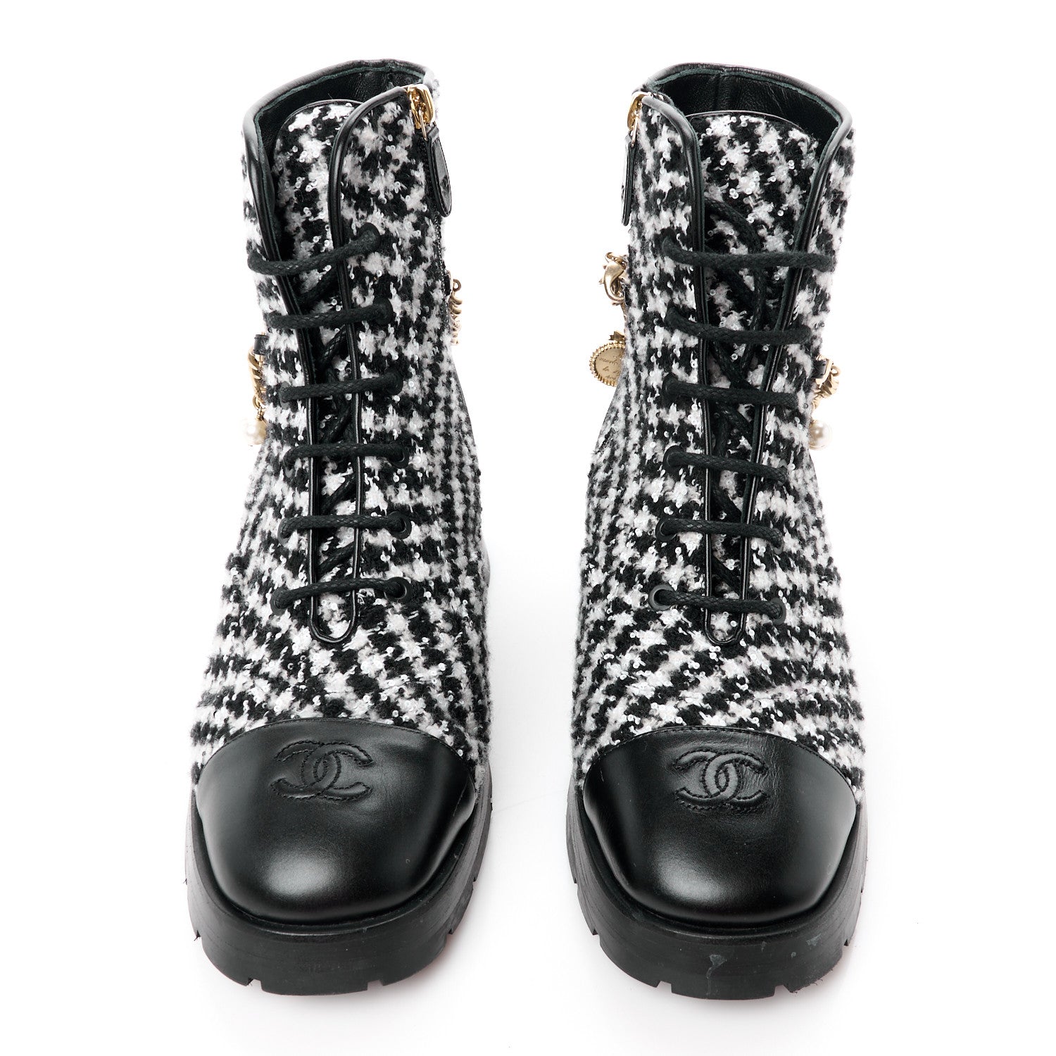 Chanel Wool Tweed Calfskin Chain Lace Up Combat Boots 40 Black White 2 of 10