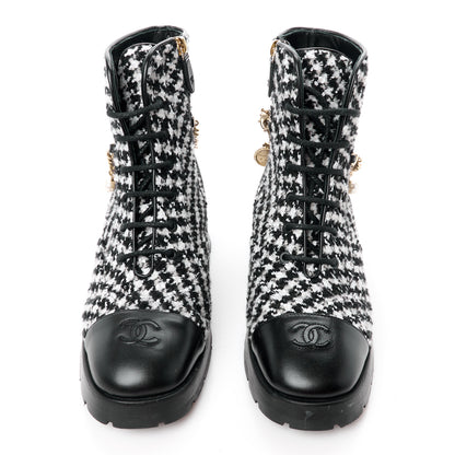 Chanel Wool Tweed Calfskin Chain Lace Up Combat Boots 40 Black White 2 of 10