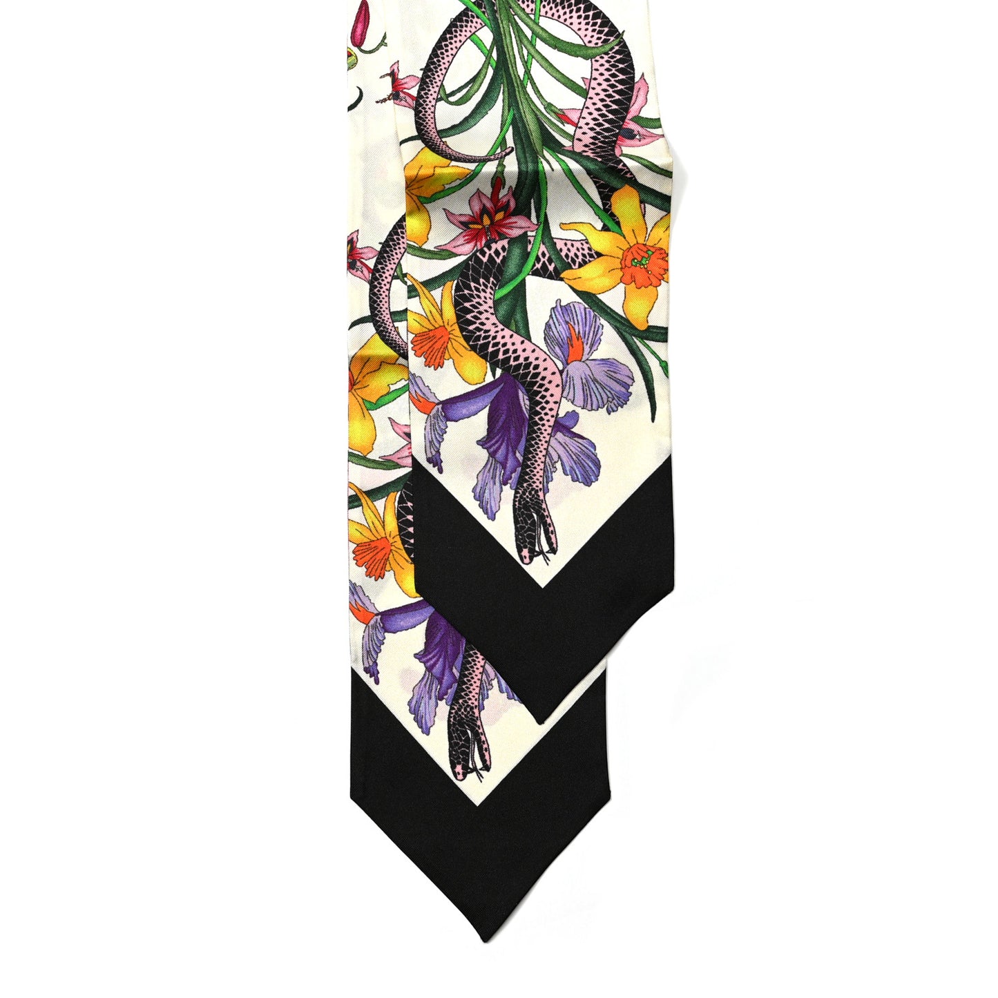 Silk Twill Flora Snake Neck Bow Scarf Ivory Black