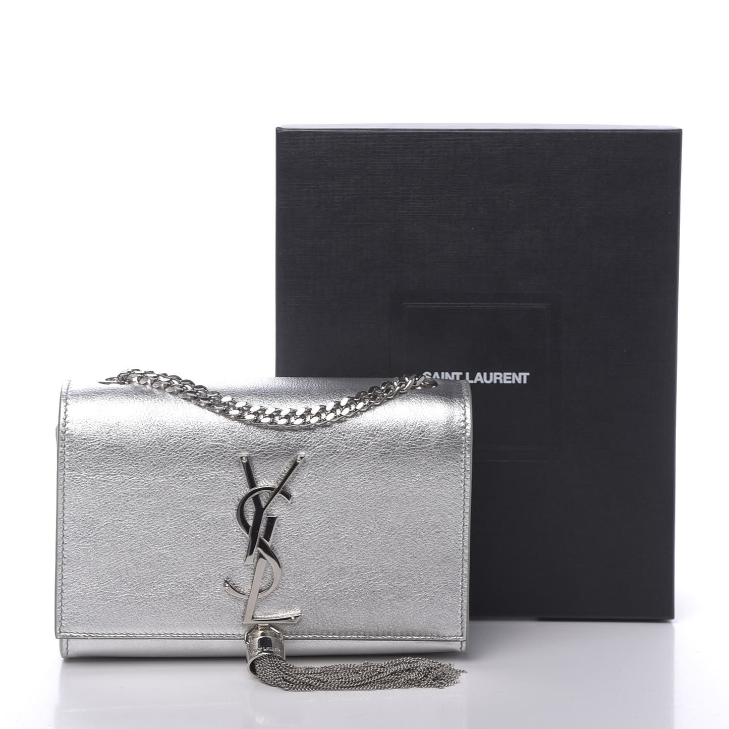 Metallic Calfskin Small Classic Monogram Kate Tassel Satchel Silver