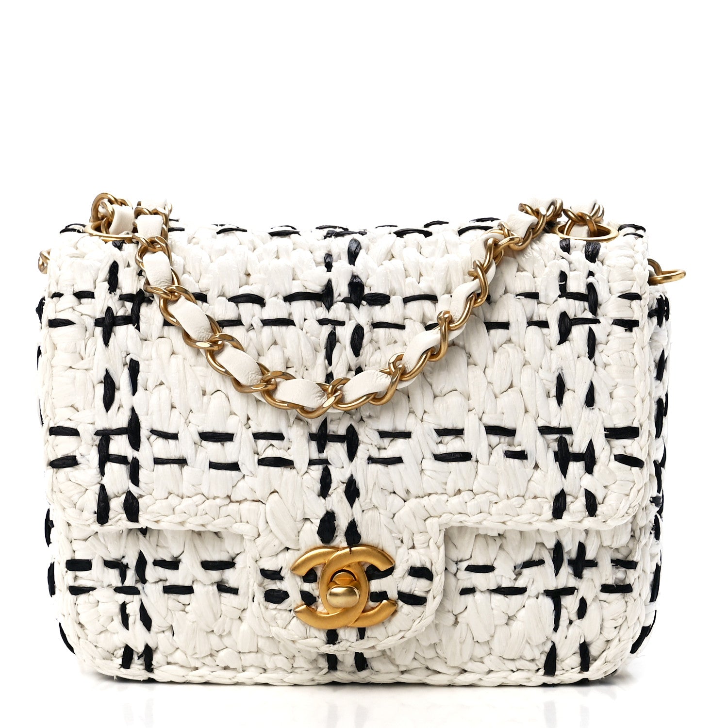 Chanel Raffia Effect Tweedy Mini Flap Bag White Black 1 of 12