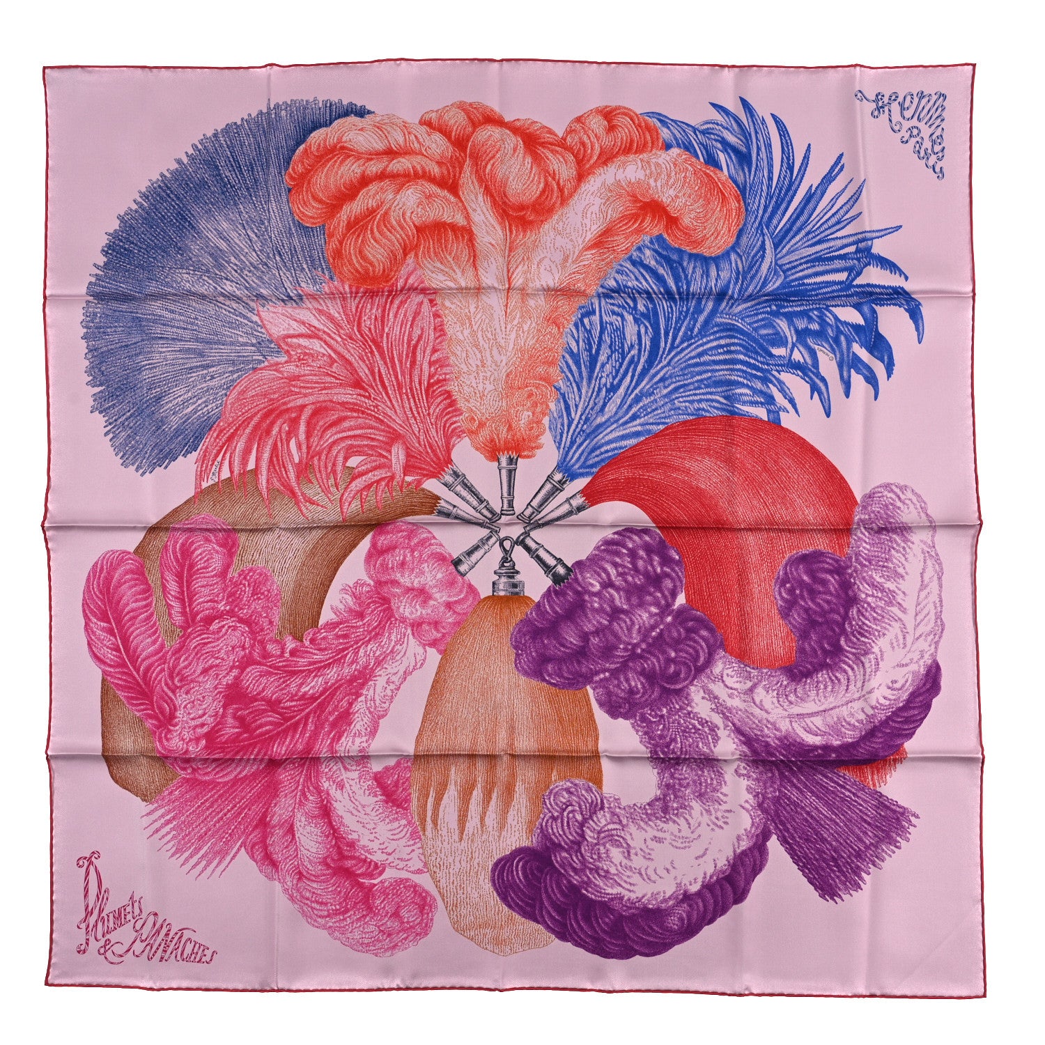 Hermes Silk Twill Plumets Et Panaches Scarf 90 Rose Fane Bleu Violet 1 of 3