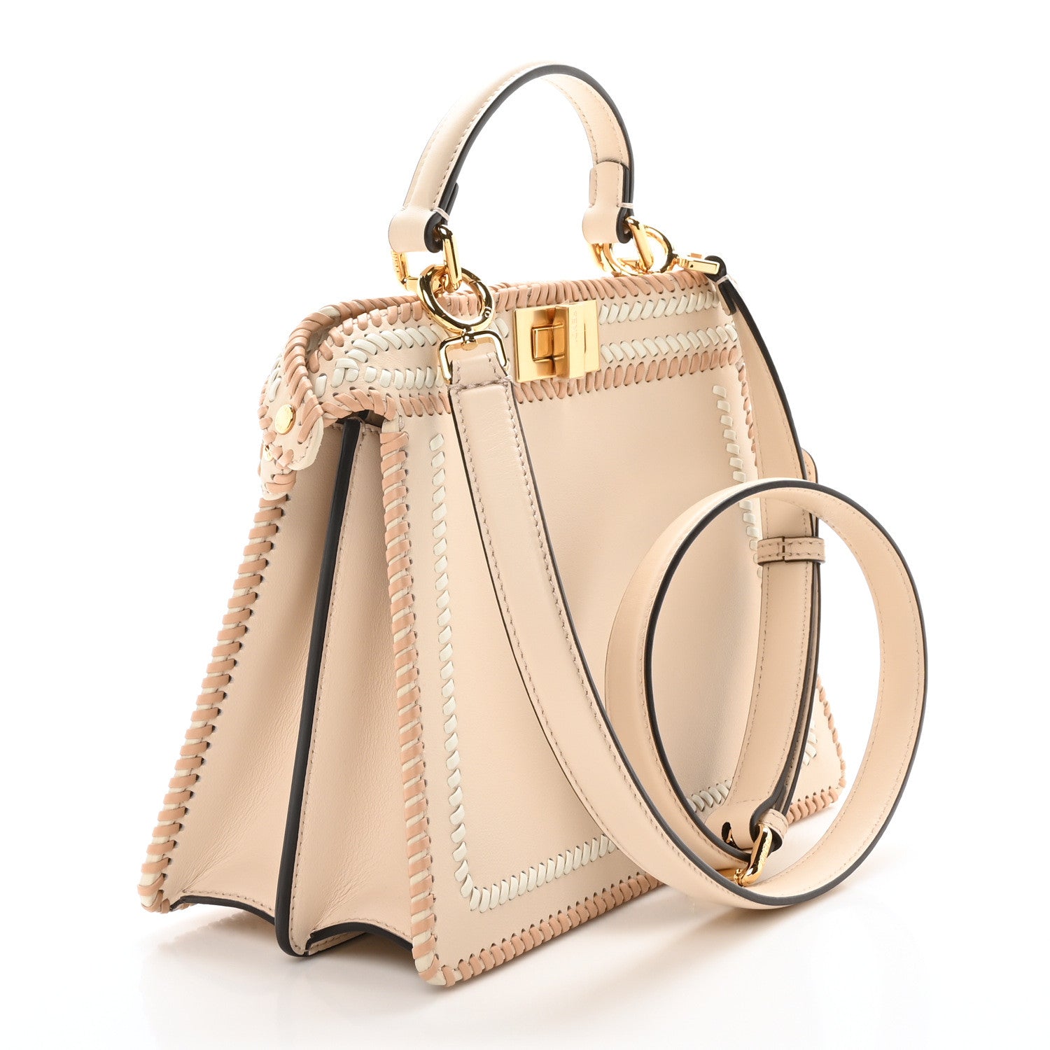 Fendi Vitello Grace Shiny Nappa Helix Woven Small Peekaboo I SEE U Satchel Camelia White Rice 3 of 9